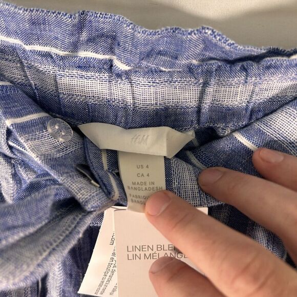 New H&M Linen Blend Shorts Women's 4 Blue White Striped Tie Zip Button 3.5" In - Picture 5 of 7